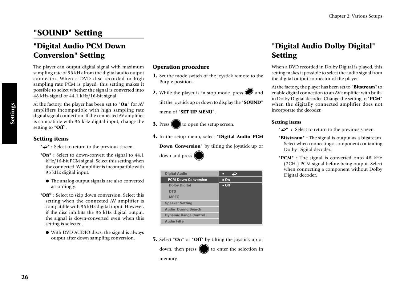 Sound" setting, Digital audio pcm down conversion" setting, Digital audio dolby digital" setting | Kenwood DV-4070 User Manual | Page 26 / 48