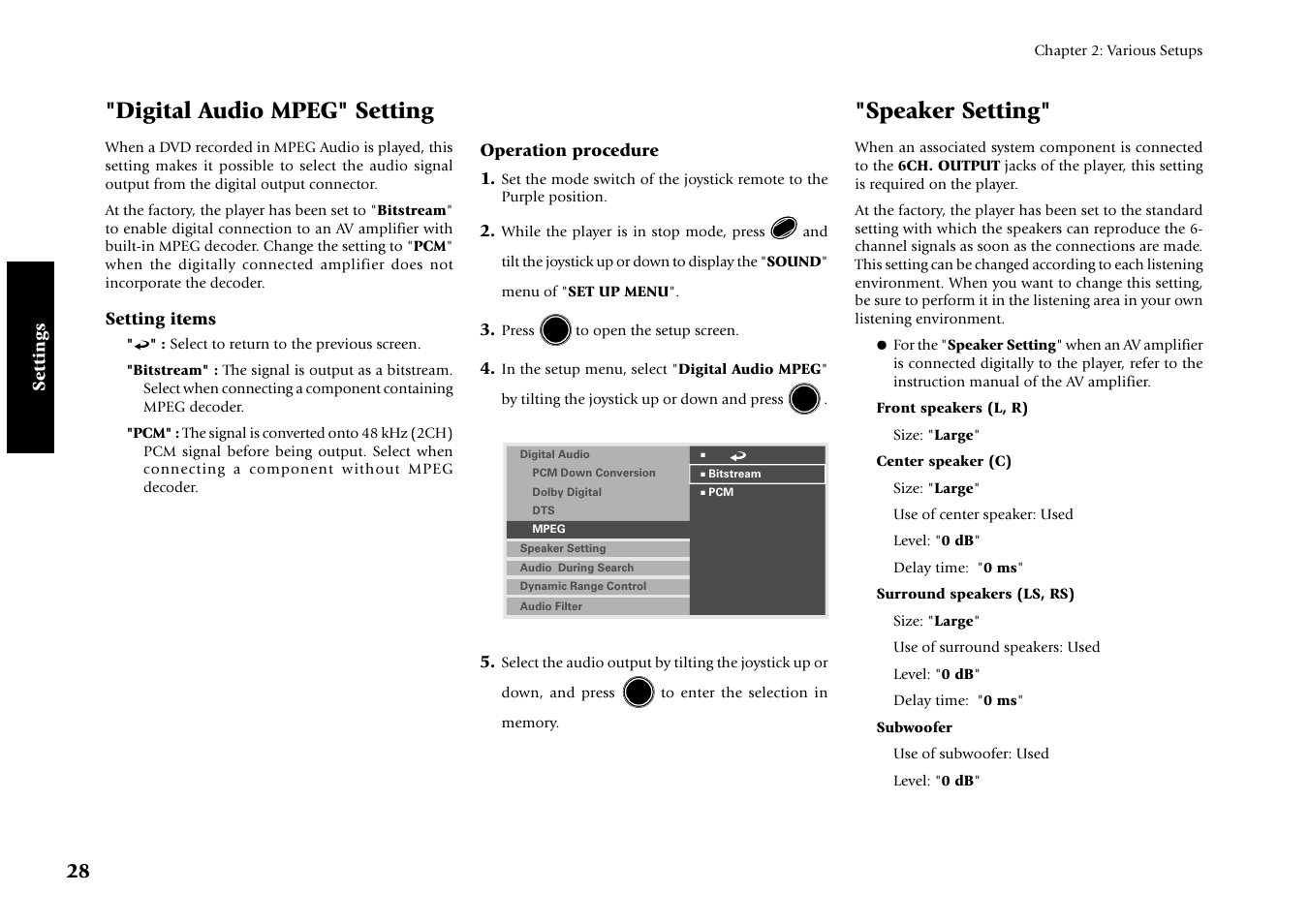 Digital audio mpeg" setting, Speaker setting | Kenwood DV-4070 User Manual | Page 28 / 48