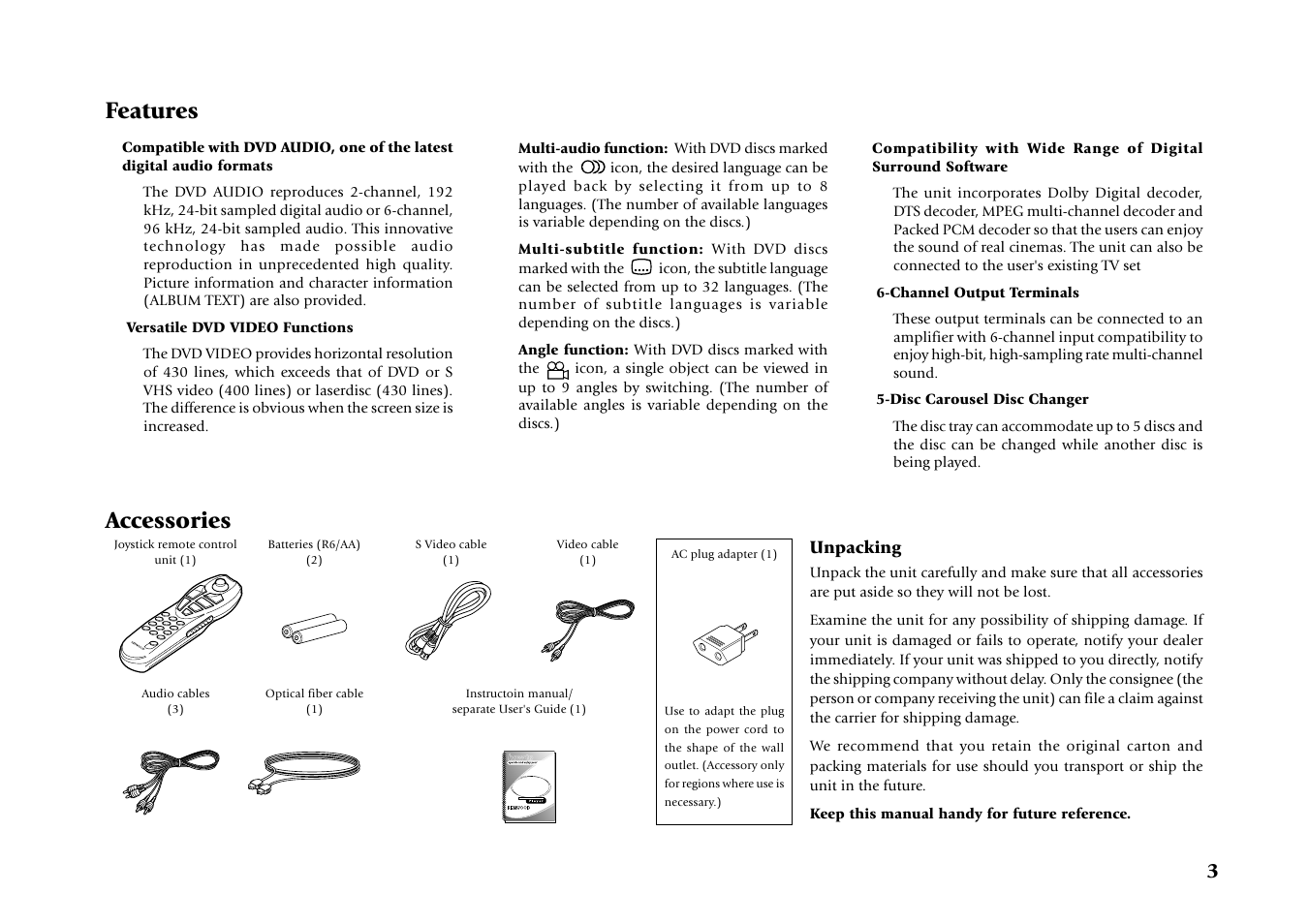 Features, Accessories, Unpacking | Kenwood DV-4070 User Manual | Page 3 / 48