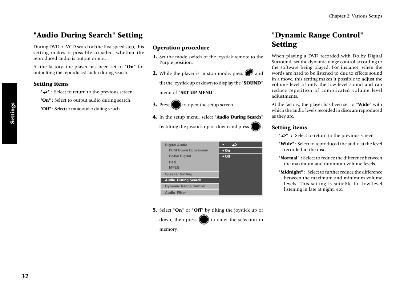 Audio during search" setting, Dynamic range control"setting, Dynamic range control" setting | Kenwood DV-4070 User Manual | Page 32 / 48