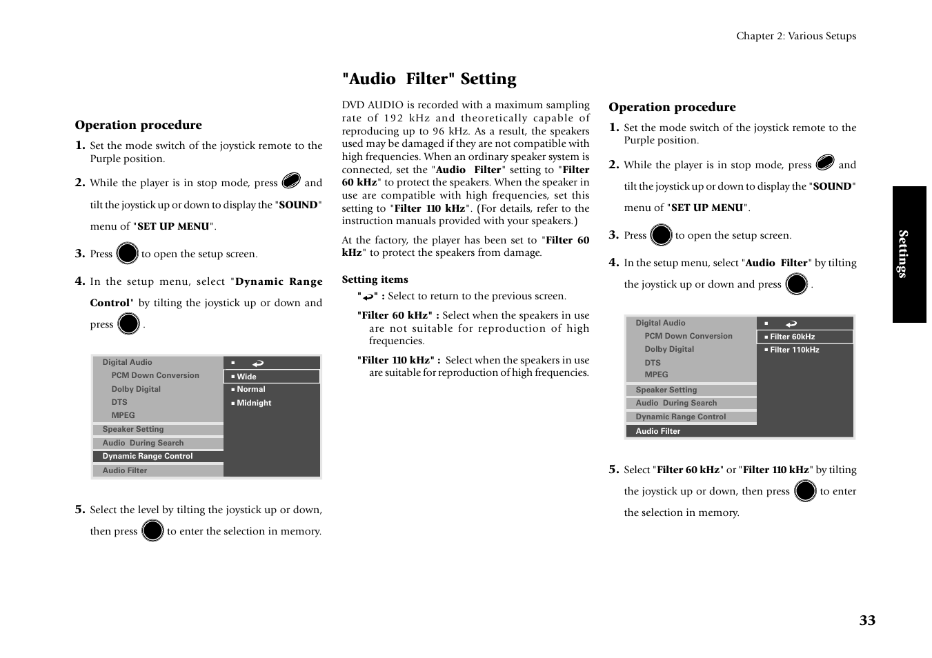 Audio filter" setting, Settings, К›е@нле@п | Operation procedure 1 | Kenwood DV-4070 User Manual | Page 33 / 48