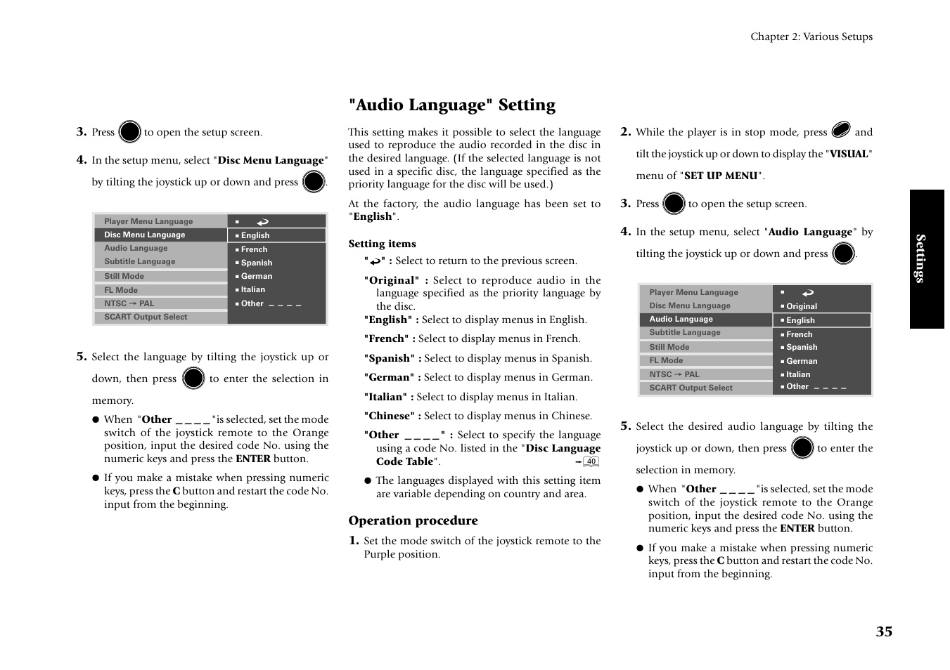 Audio language" setting, Settings, Operation procedure 1 | Kenwood DV-4070 User Manual | Page 35 / 48