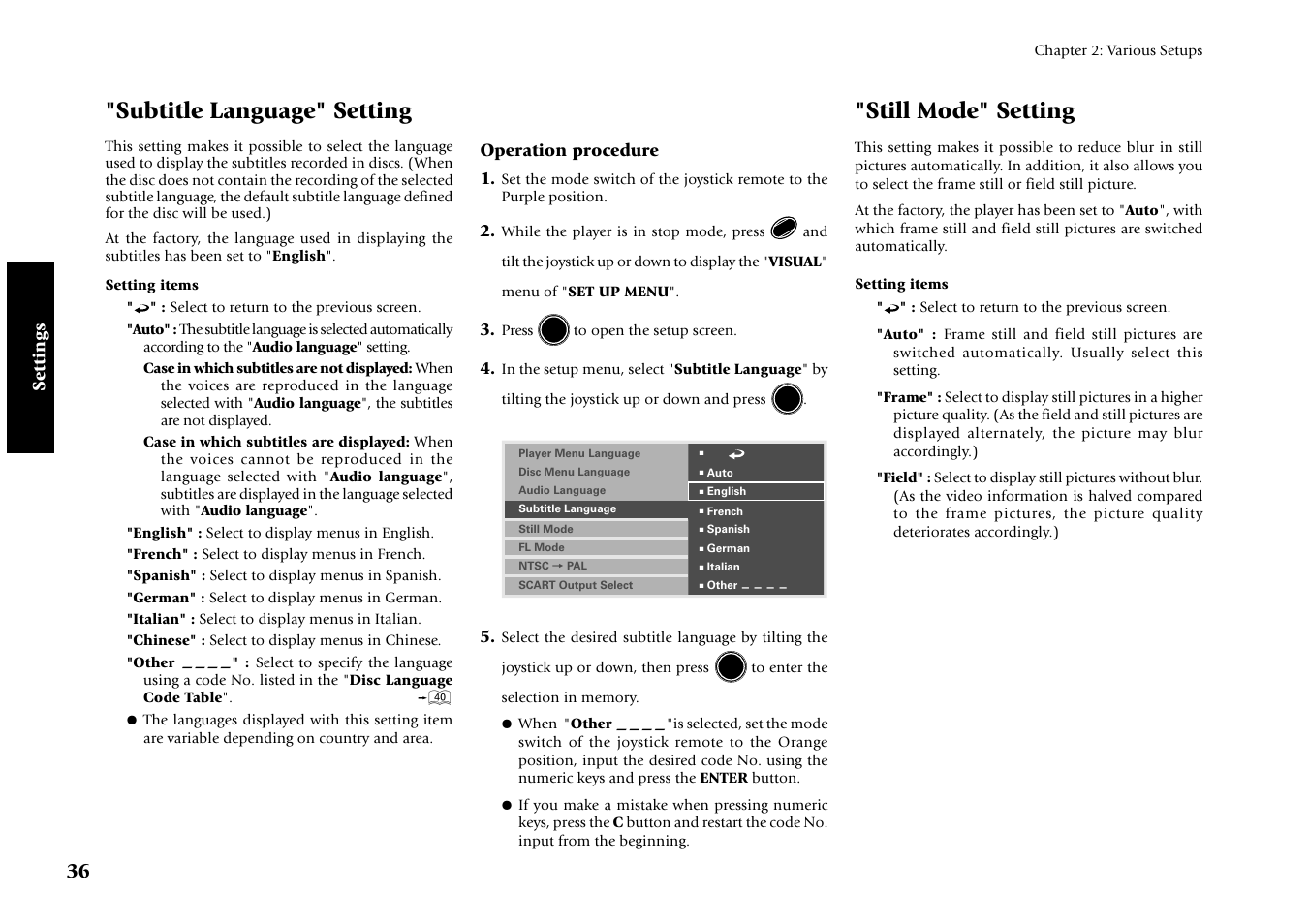 Subtitle language" setting, Still mode" setting, Settings | Operation procedure 1 | Kenwood DV-4070 User Manual | Page 36 / 48
