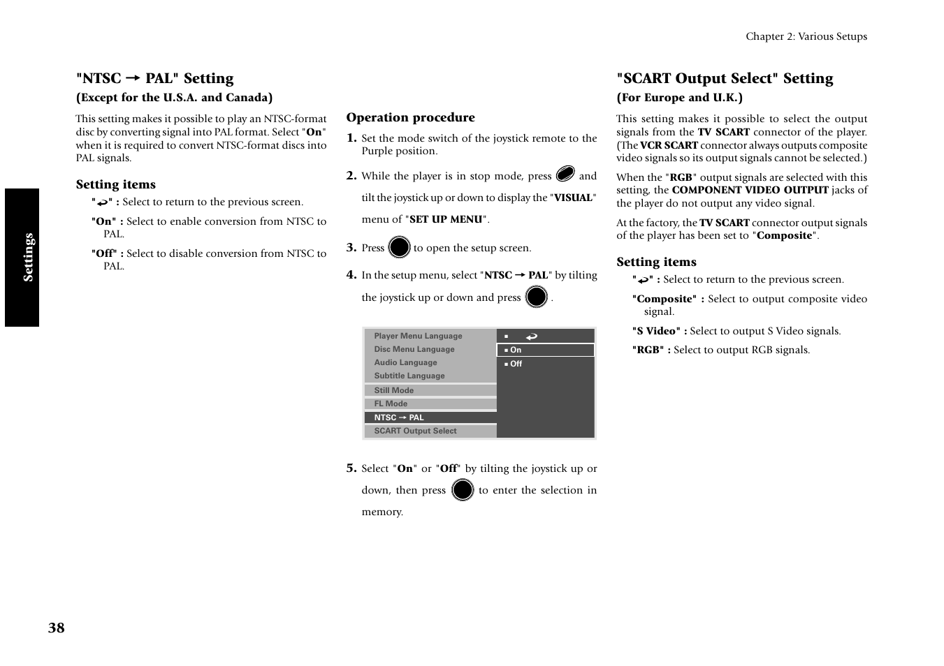 Scart output select" setting(for europe and u.k.), Ntsc = pal" setting, Scart output select" setting | Kenwood DV-4070 User Manual | Page 38 / 48