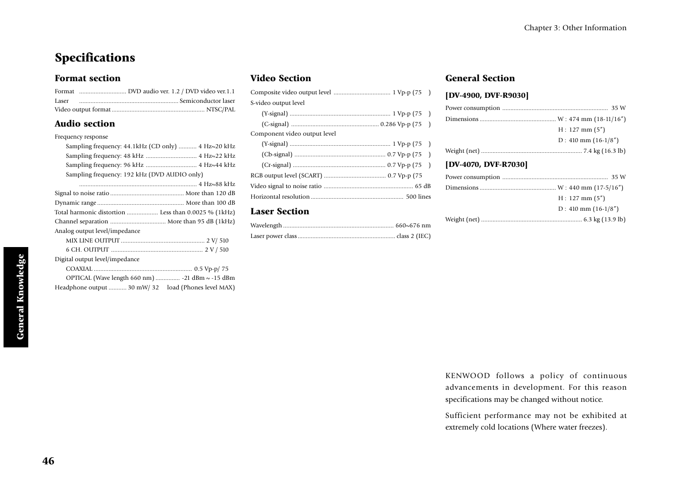 Specifications, General kno wledge | Kenwood DV-4070 User Manual | Page 46 / 48