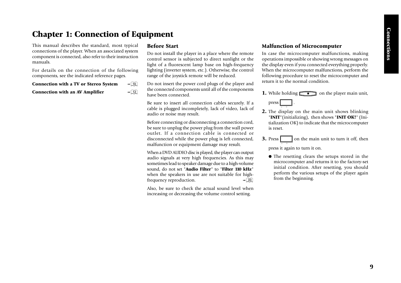 Chapter 1: connection of equipment, Connections, Before start | Malfunction of microcomputer | Kenwood DV-4070 User Manual | Page 9 / 48