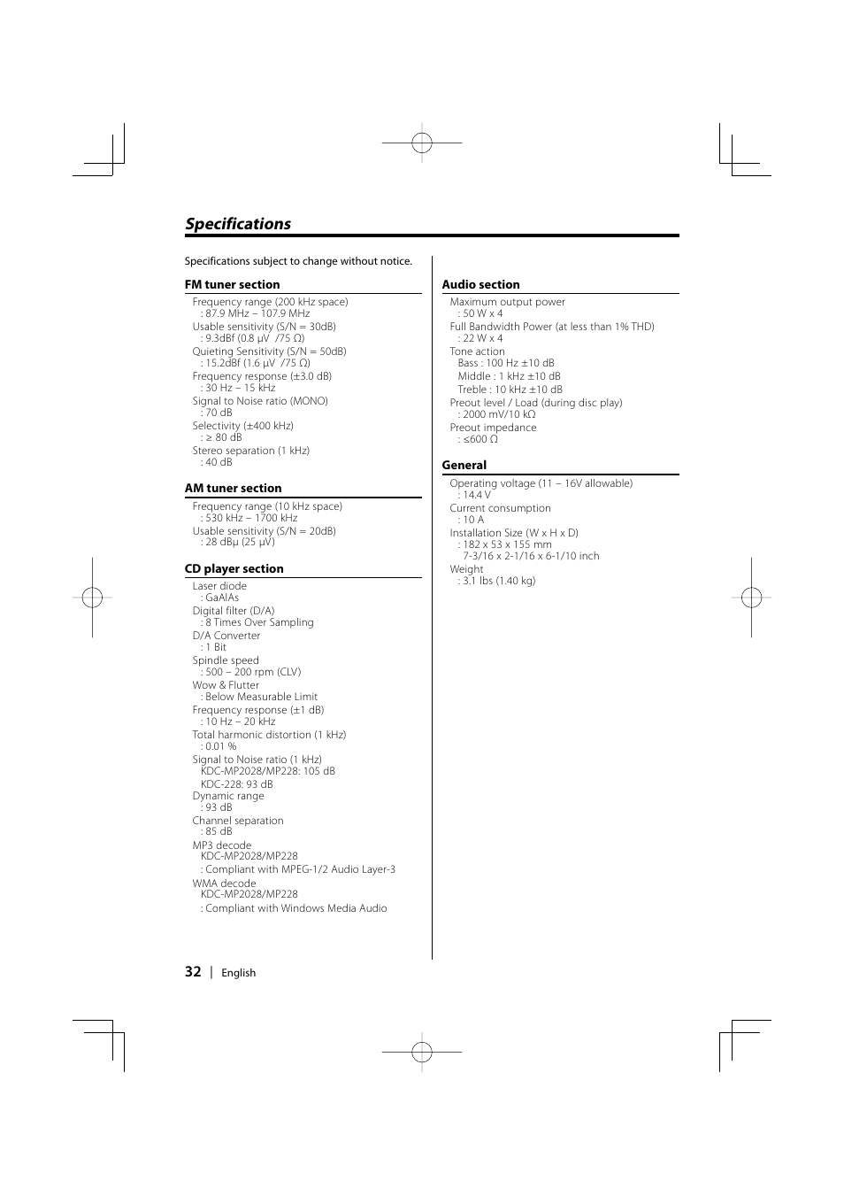 Specifications | Kenwood KDC-MP228 User Manual | Page 32 / 96