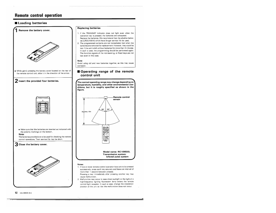 I loading batteries, Replacing batteries, I operating range of the remote control unit | Remote control operation, Loading batteries | Kenwood KA-V9500 User Manual | Page 12 / 44