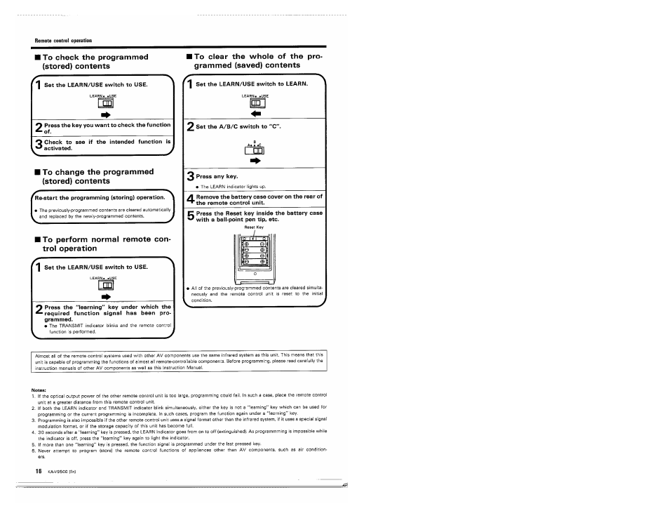 To check the programmed (stored) contents, I to change the programmed (stored) contents, To perform normal remote control operation | Kenwood KA-V9500 User Manual | Page 16 / 44