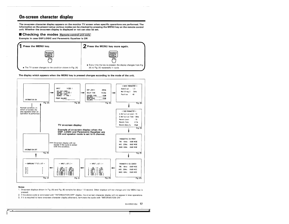 On-screen character display, H checking the modes [ remote control unit only i, H checking the modes | Kenwood KA-V9500 User Manual | Page 17 / 44