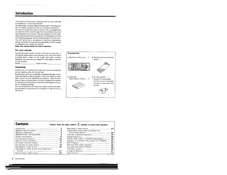 Introduction, For your records, Unpacking | Accessories | Kenwood KA-V9500 User Manual | Page 2 / 44