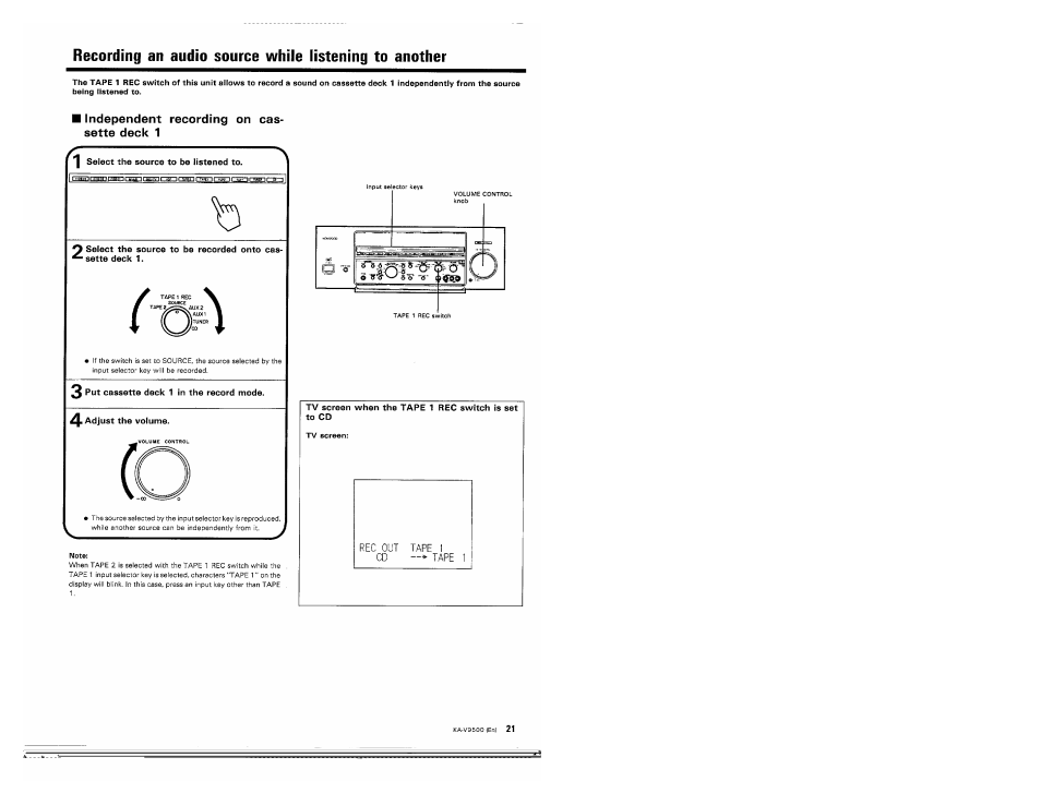 I independent recording on cassette deck 1, Tv screen when the tape 1 rec switch is set to cd, I independent recording on cas­ sette deck 1 | Kenwood KA-V9500 User Manual | Page 21 / 44