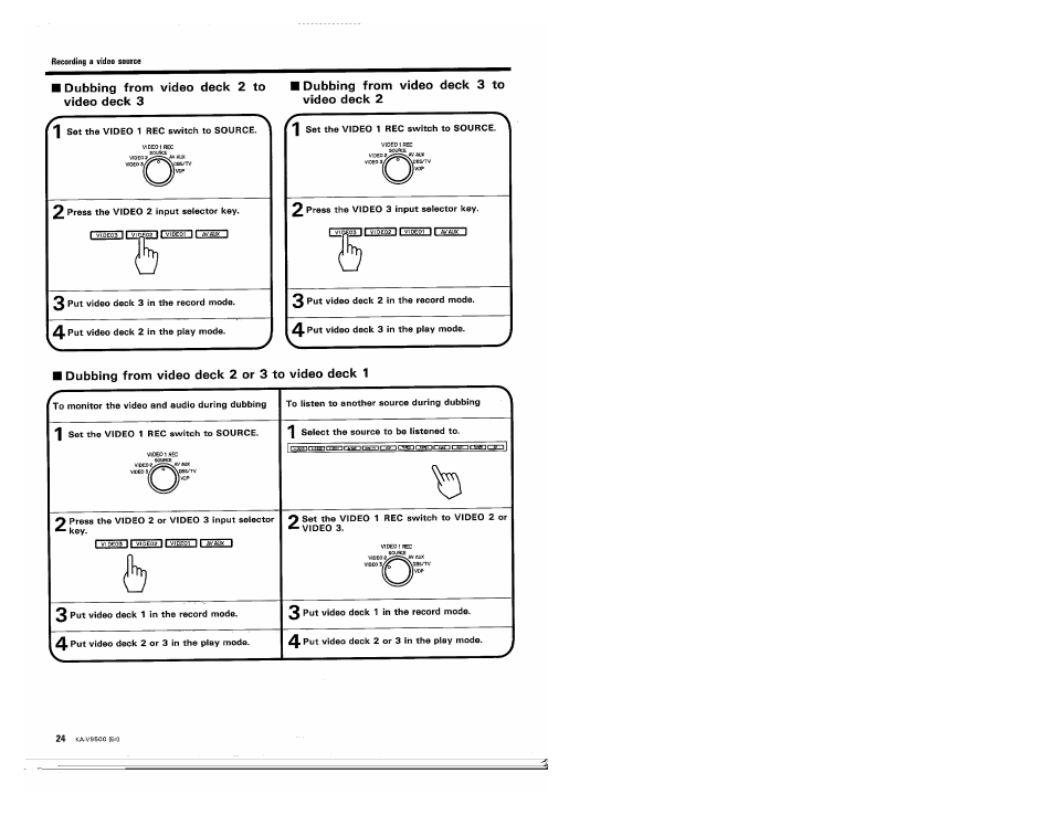 Dubbing from video deck 2 to video deck 3, Dubbing from video deck 3 to video deck 2, I dubbing from video deck 2 or 3 to video deck 1 | Kenwood KA-V9500 User Manual | Page 24 / 44