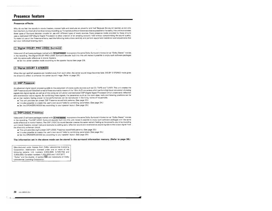 Presence feature, Presence effects, Digital dolby pro logic surround | Digital dolby 3 stereo i, Dsp presence, Dsp.logic presencej | Kenwood KA-V9500 User Manual | Page 28 / 44