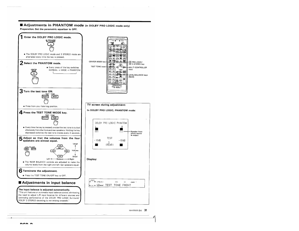 1 enter the dolby pro logic mode, Select the phaimtom mode, Turn the test tone on | 4 press the test tone mode key, 0 terminate the adjustment, Adjustments in input balance, Tv screen during adjustment, In dolby pro logic, phantom mode, Display, Adjustments in phaimtom mode | Kenwood KA-V9500 User Manual | Page 31 / 44