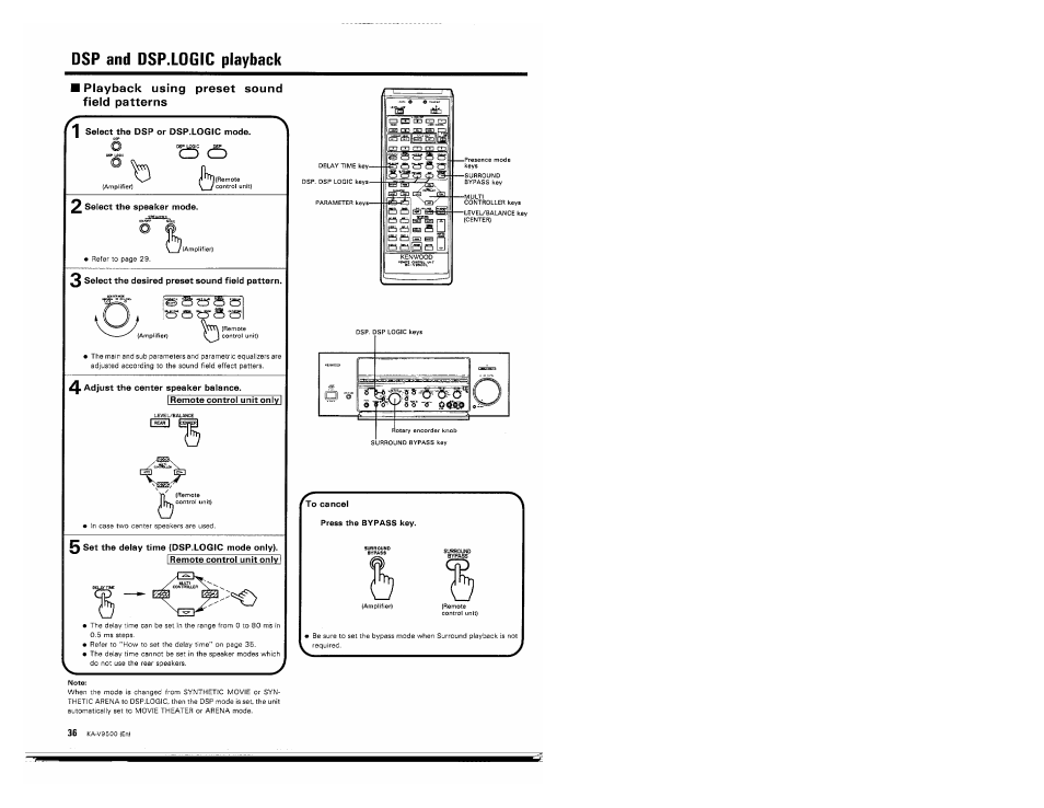 Playback using preset sound field patterns, 1 select the dsp or dsp.logic mode, 2 select the speaker mode | 3 select the desired preset sound field pattern, Adjust the center speaker balance, I remote control unit only i, 5 set the delay time {dsp.logic mode only), I remote control unit onl, To cancel, Press the bypass key | Kenwood KA-V9500 User Manual | Page 36 / 44