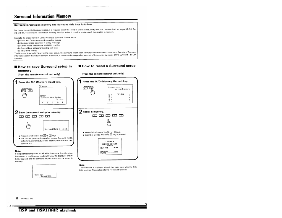 Surround information memory, How to save surround setup in memory, From the remote control unit only) | Press the m/l (memory input) key, 2 save the current setup in memory, Note, How to recall a surround setup, I press the m/0 (memory output) key, 2 recall a memory | Kenwood KA-V9500 User Manual | Page 38 / 44