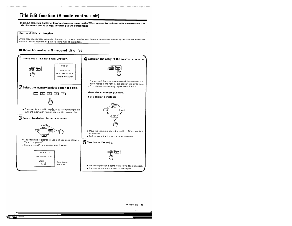 Title edit function (remote control unit), Surround title list function, I how to make a surround title list | 1 press the title edit on/off key, 2 select the memory bank to assign the title, 3 select the desired letter or numeral, 4 establish the entry of the selected character, 0 terminate the entry, M cm cd cd m | Kenwood KA-V9500 User Manual | Page 39 / 44