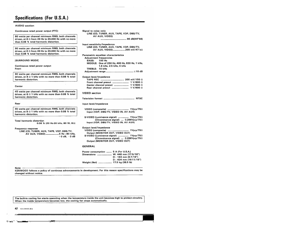 Specifications (for u.s.a.) | Kenwood KA-V9500 User Manual | Page 42 / 44