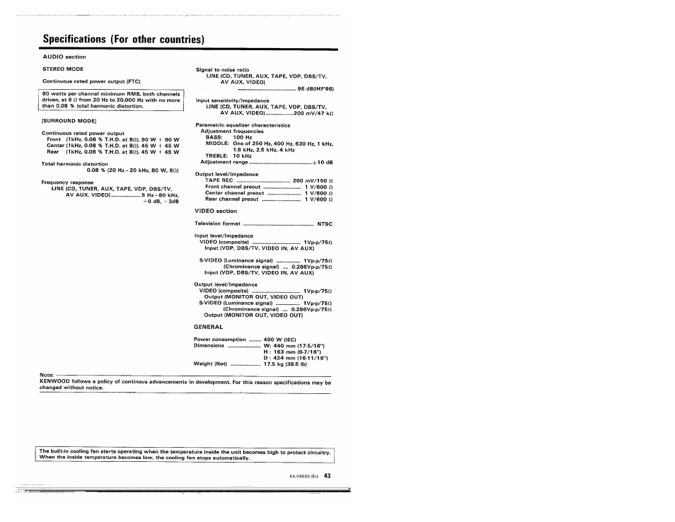 Specifications (for other countries) | Kenwood KA-V9500 User Manual | Page 43 / 44