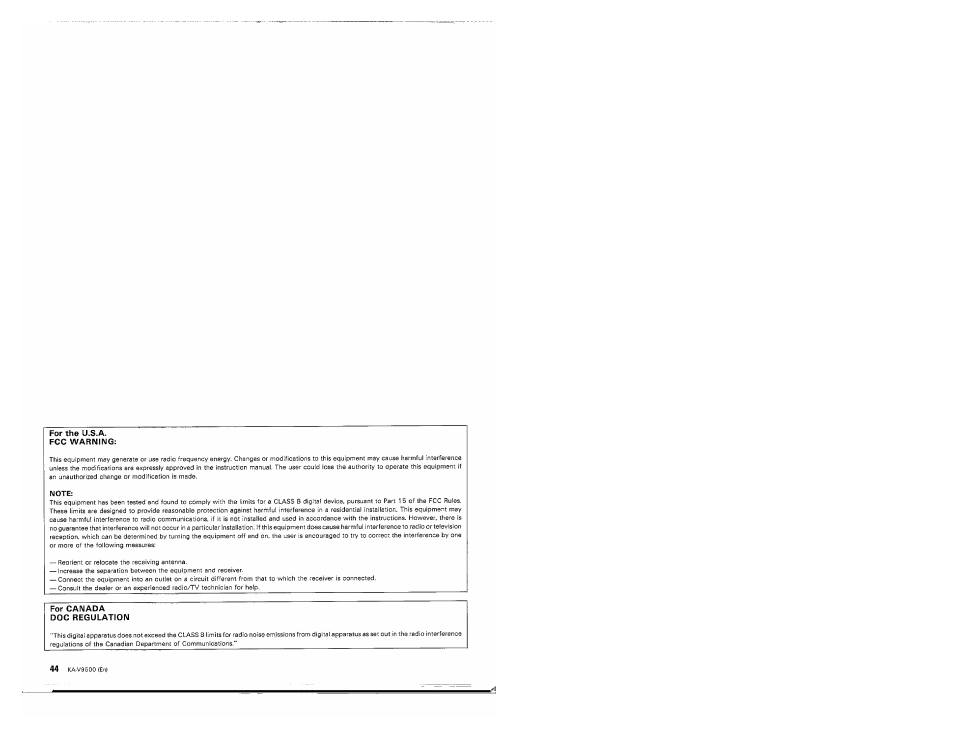 For the u.s.a, Fcc warning, Note | For canada, Doc regulation | Kenwood KA-V9500 User Manual | Page 44 / 44