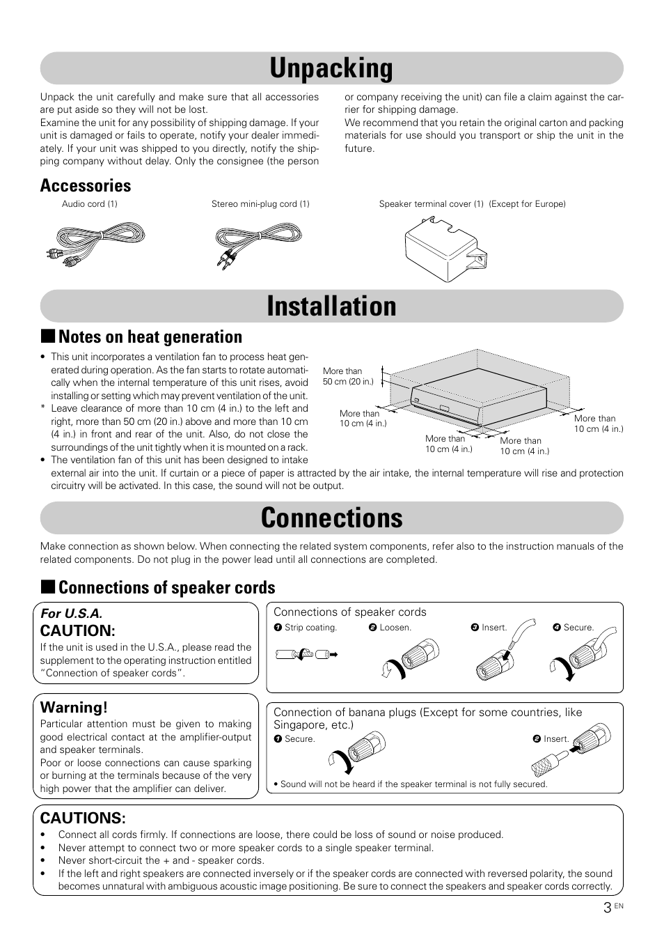 Unpacking, Installation, Connections | Connections of speaker cords, Accessories, Caution, Warning, Cautions | Kenwood KMF-X9000 User Manual | Page 3 / 8