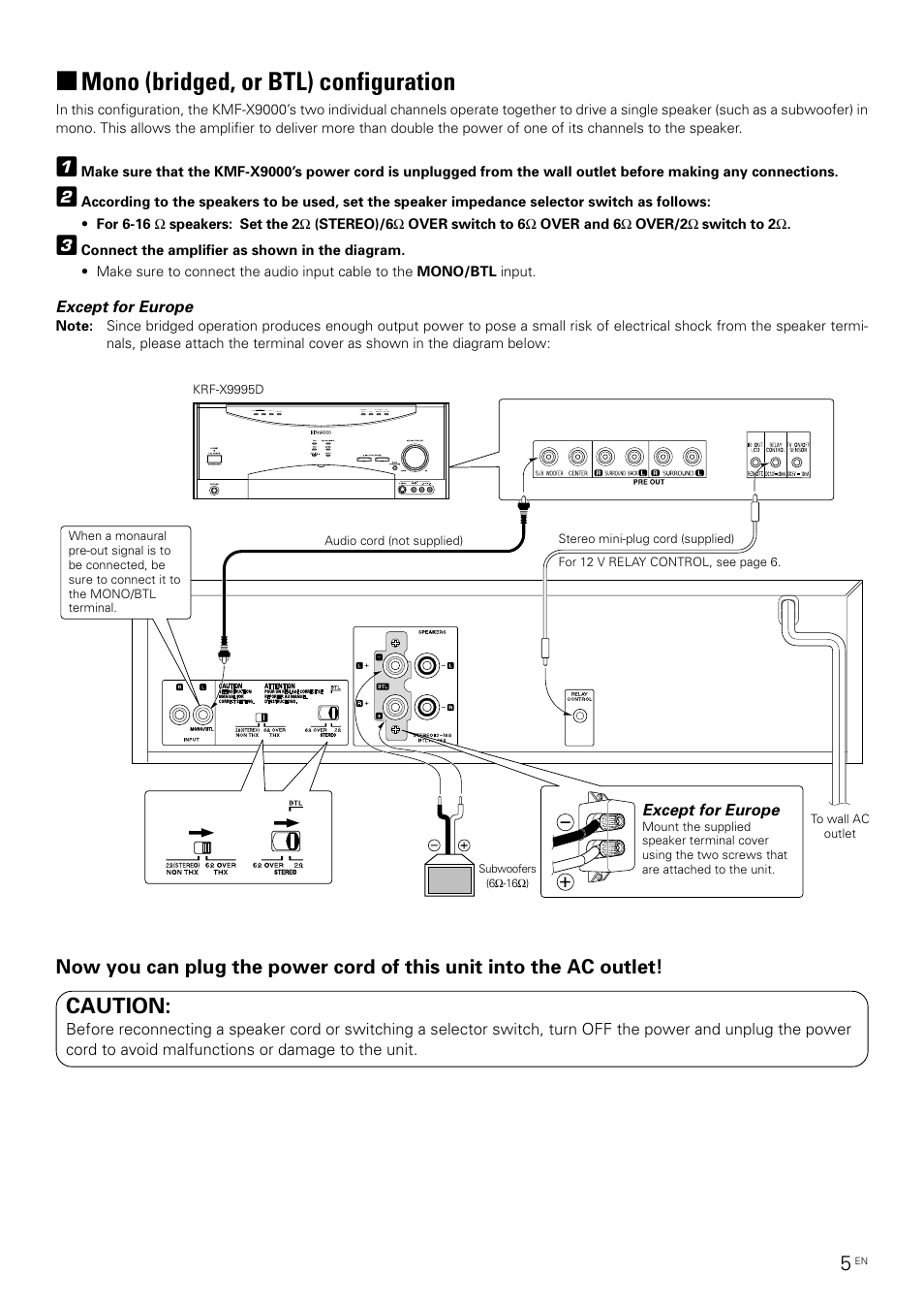 Mono (bridged, or btl)configuration, Mono (bridged, or btl) configuration, Caution | Kenwood KMF-X9000 User Manual | Page 5 / 8