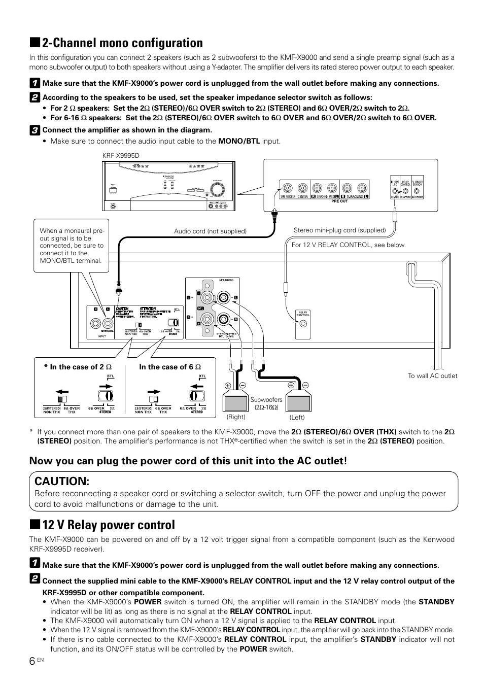 Channel mono configuration, 12 v relay power control, Caution | Kenwood KMF-X9000 User Manual | Page 6 / 8