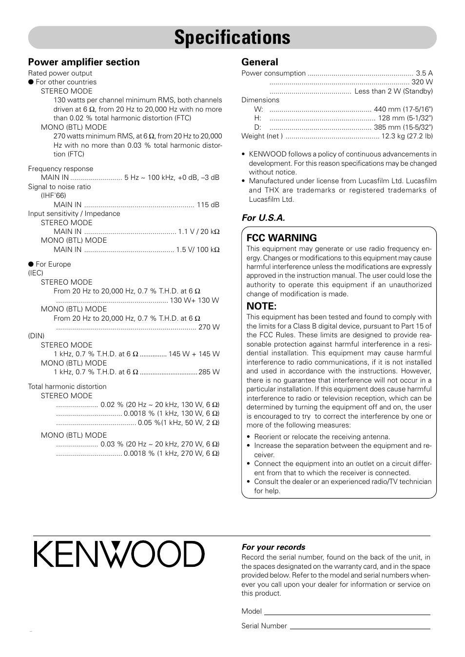 Specifications, General, Fcc warning | Kenwood KMF-X9000 User Manual | Page 8 / 8