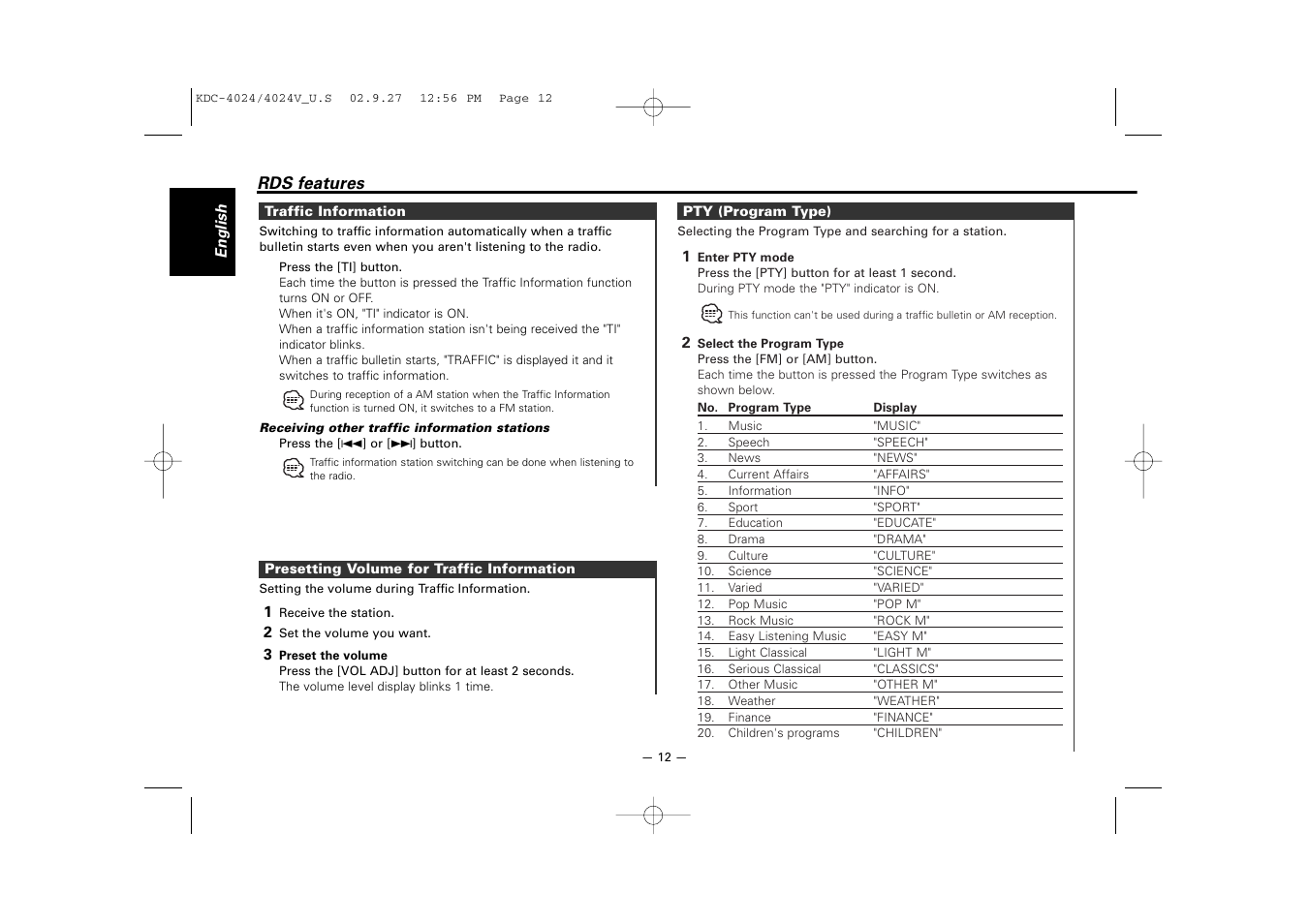 Kenwood KDC-4024V  EN User Manual | Page 12 / 32