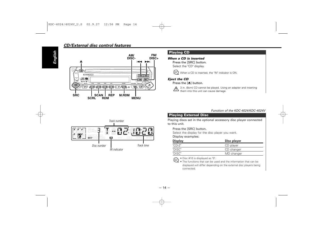 Cd/external disc control features | Kenwood KDC-4024V  EN User Manual | Page 14 / 32