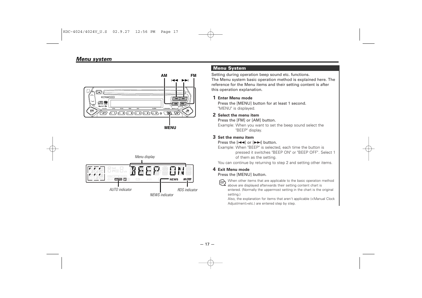 Menu system | Kenwood KDC-4024V  EN User Manual | Page 17 / 32