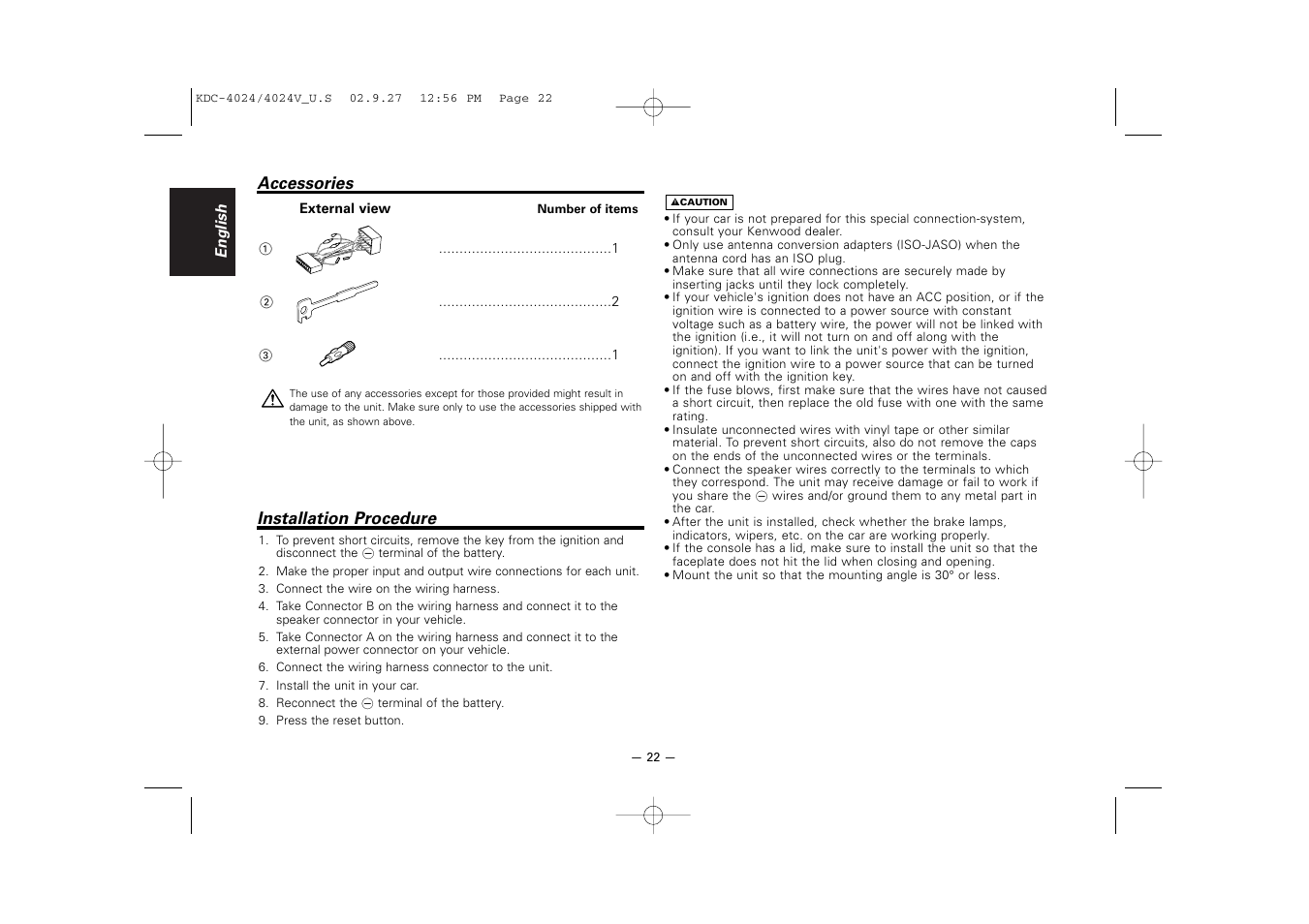 Accessories, Installation procedure | Kenwood KDC-4024V  EN User Manual | Page 22 / 32