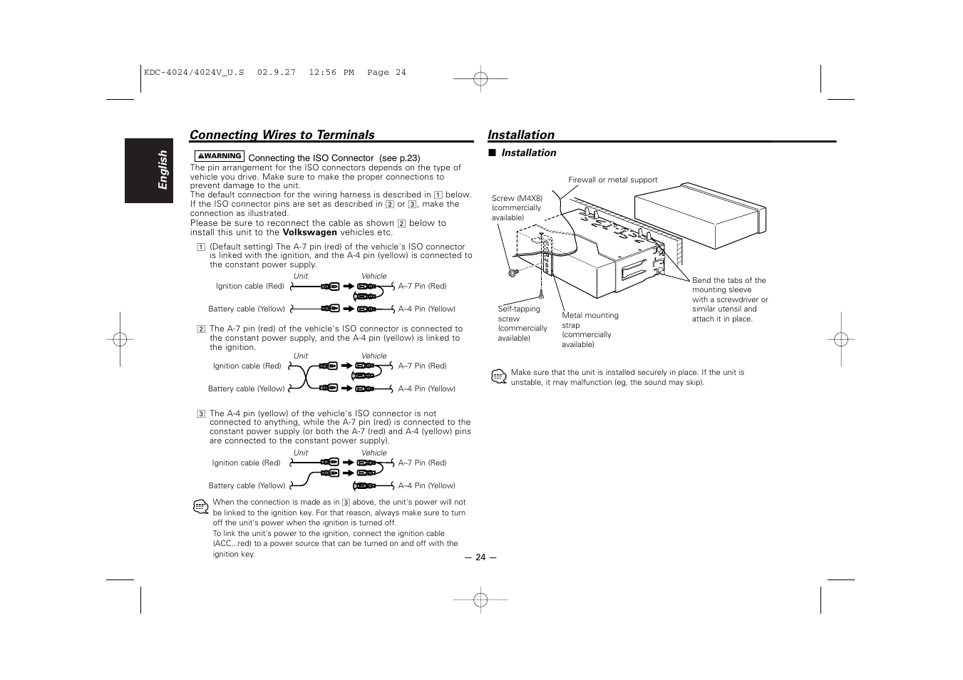 Installation, Connecting wires to terminals installation | Kenwood KDC-4024V  EN User Manual | Page 24 / 32