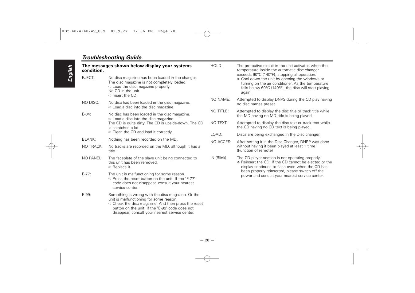 Troubleshooting guide | Kenwood KDC-4024V  EN User Manual | Page 28 / 32