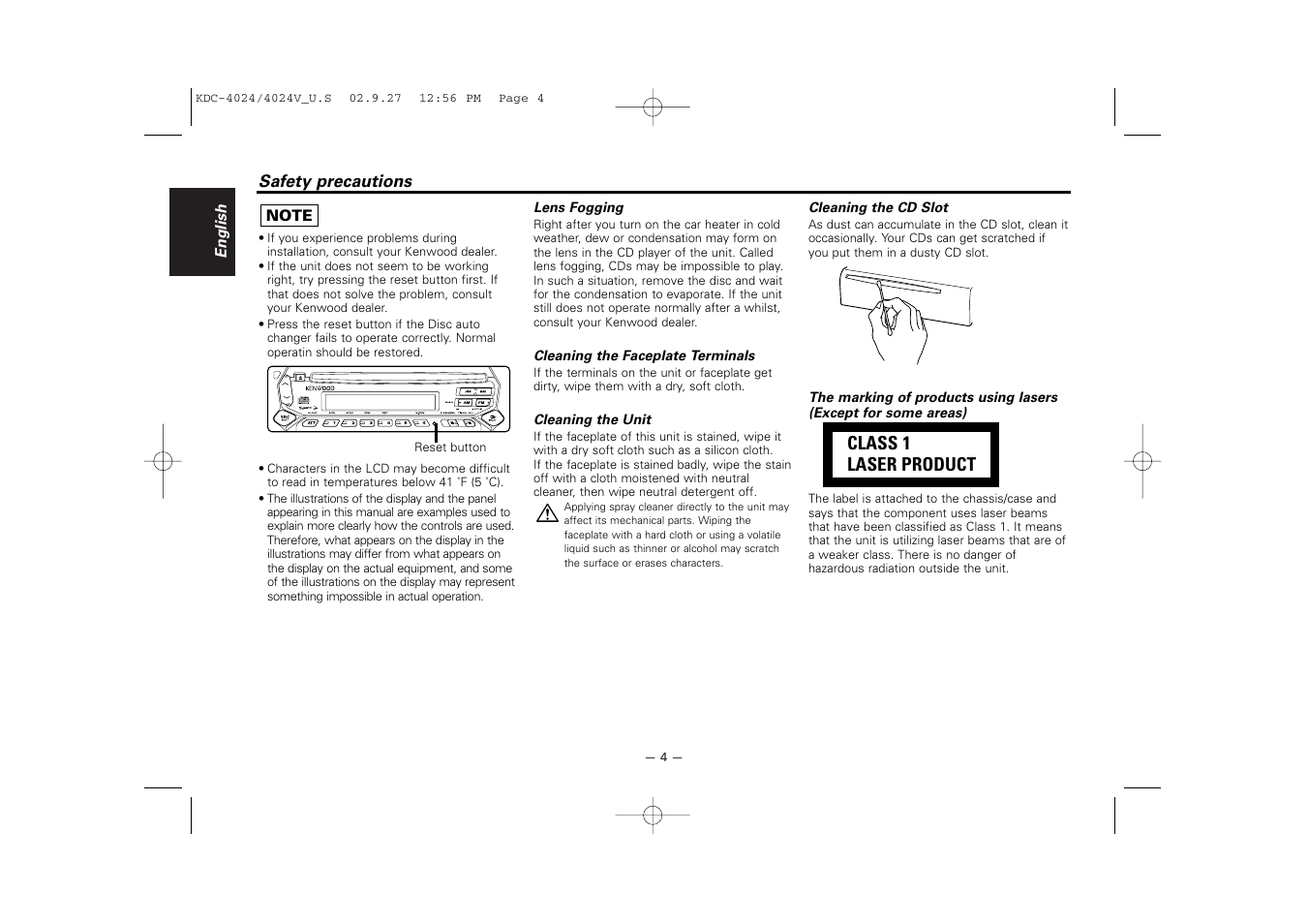 Class 1 laser product | Kenwood KDC-4024V  EN User Manual | Page 4 / 32