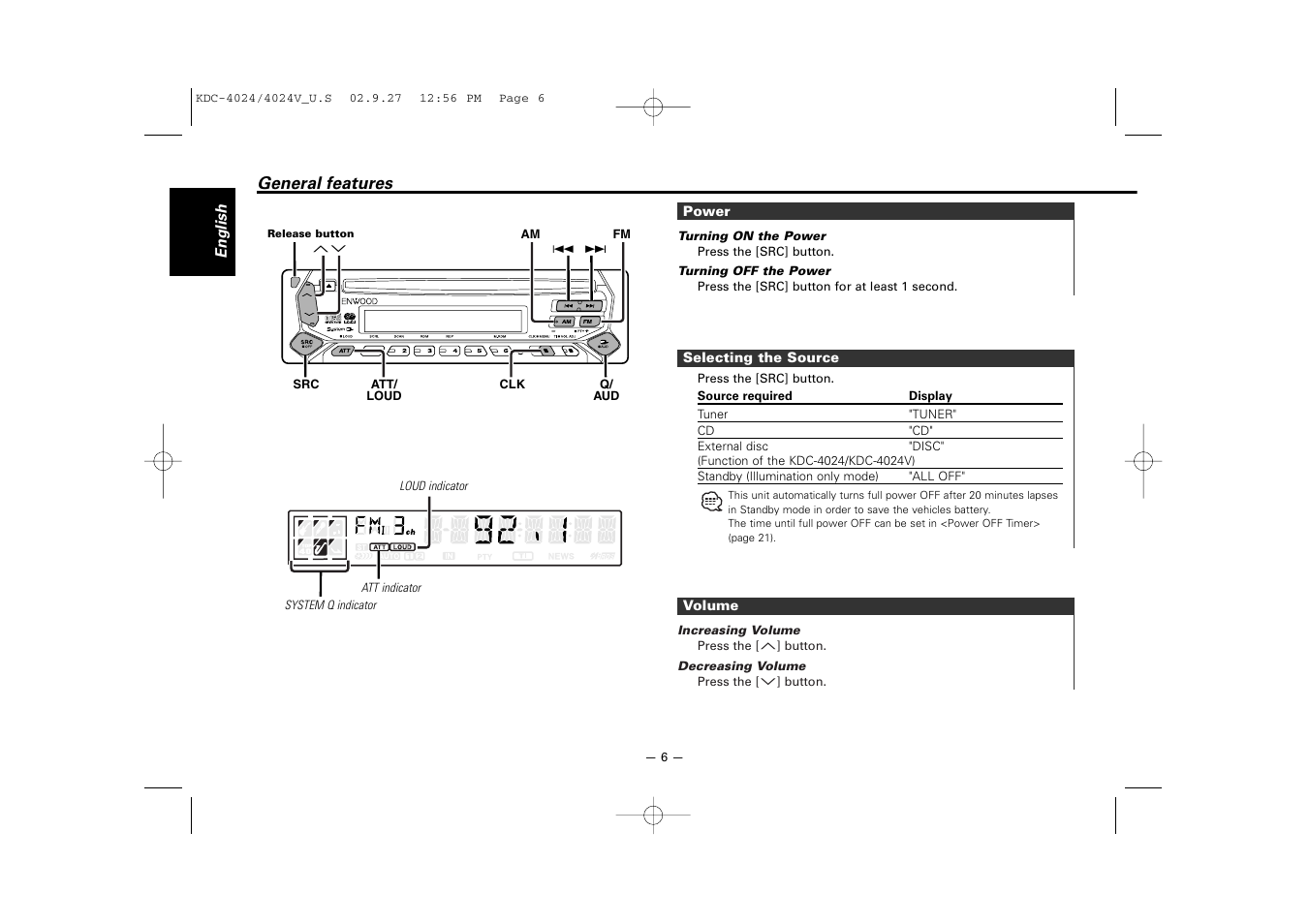 General features | Kenwood KDC-4024V  EN User Manual | Page 6 / 32