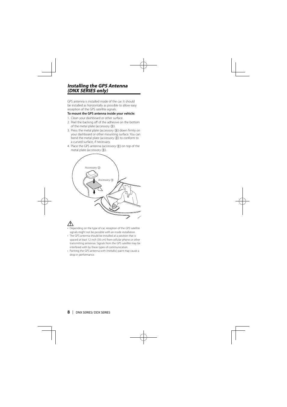 Installing the gps antenna (dnx series only) | Kenwood DDX5036 User Manual | Page 8 / 11