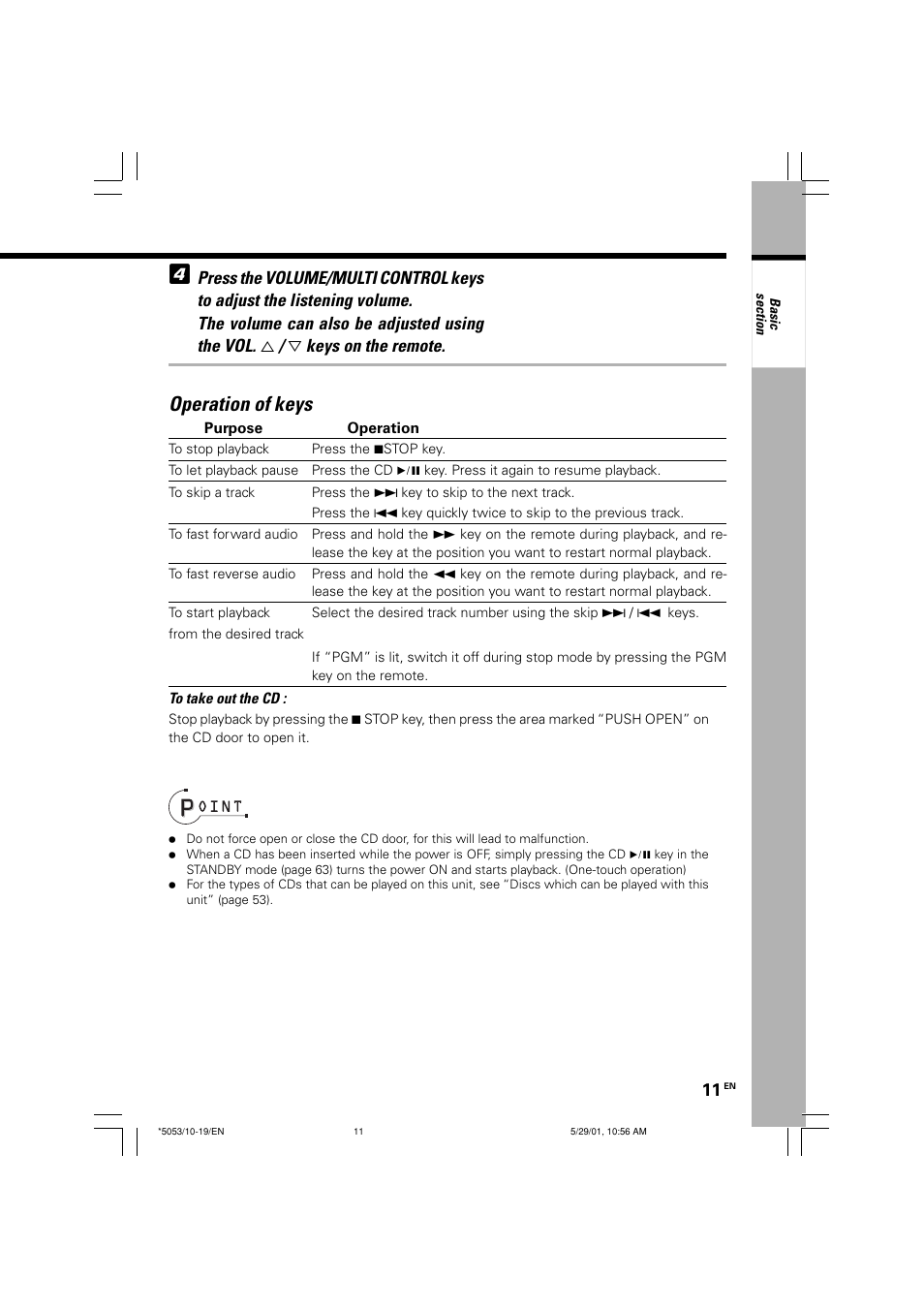 Operation of keys | Kenwood MDX-G1 User Manual | Page 11 / 64