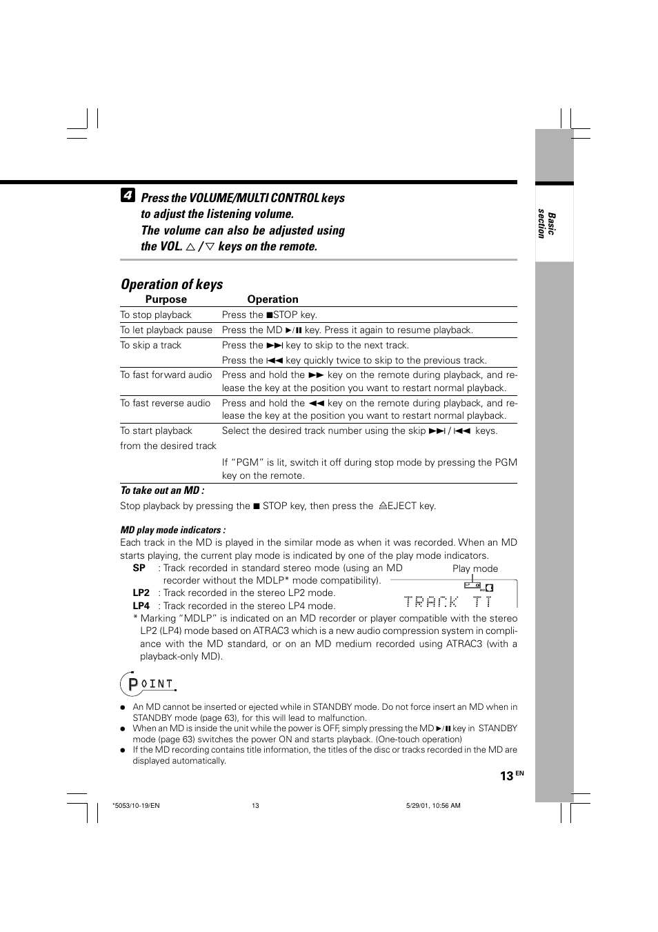 Operation of keys | Kenwood MDX-G1 User Manual | Page 13 / 64