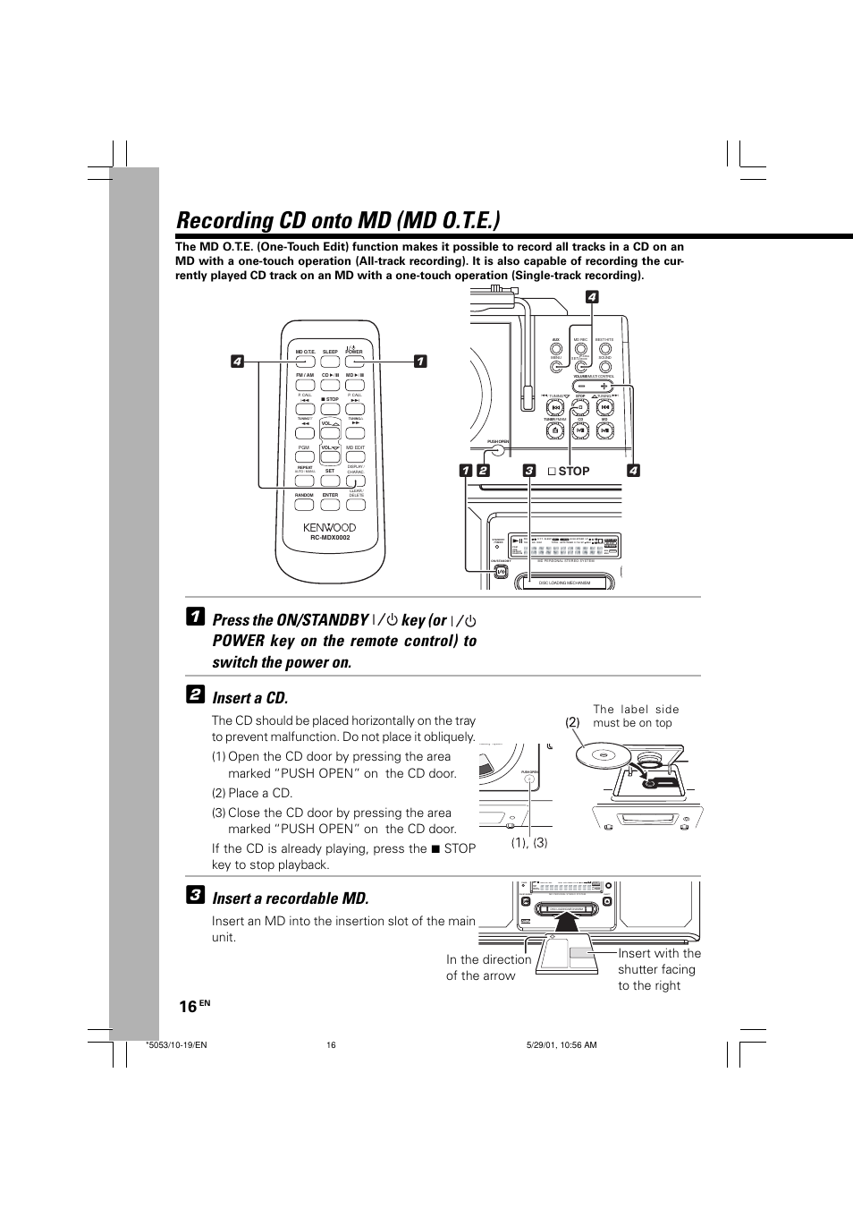 Recording cd onto md (md o.t.e.), Insert a cd, Insert a recordable md | Timer, 7 stop, The label side must be on top | Kenwood MDX-G1 User Manual | Page 16 / 64