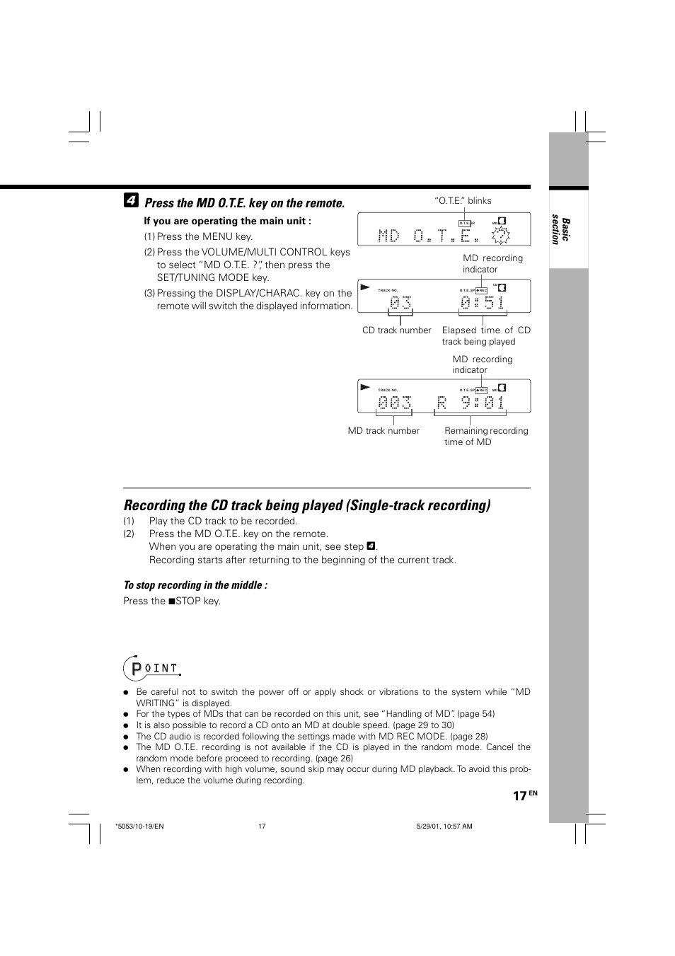 Press the md o.t.e. key on the remote, Press the 7stop key | Kenwood MDX-G1 User Manual | Page 17 / 64