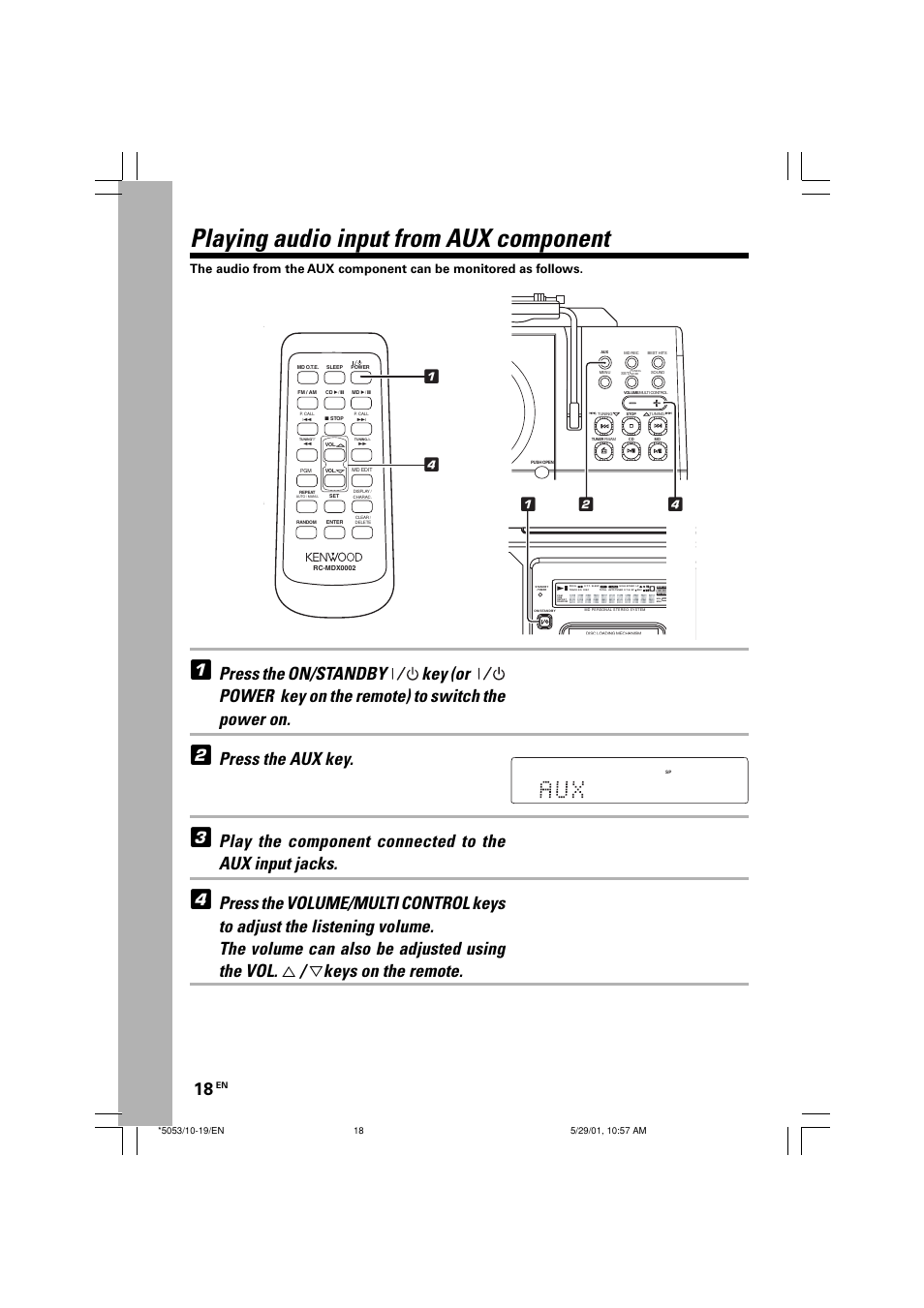 Playing audio input from aux component, Press the aux key | Kenwood MDX-G1 User Manual | Page 18 / 64