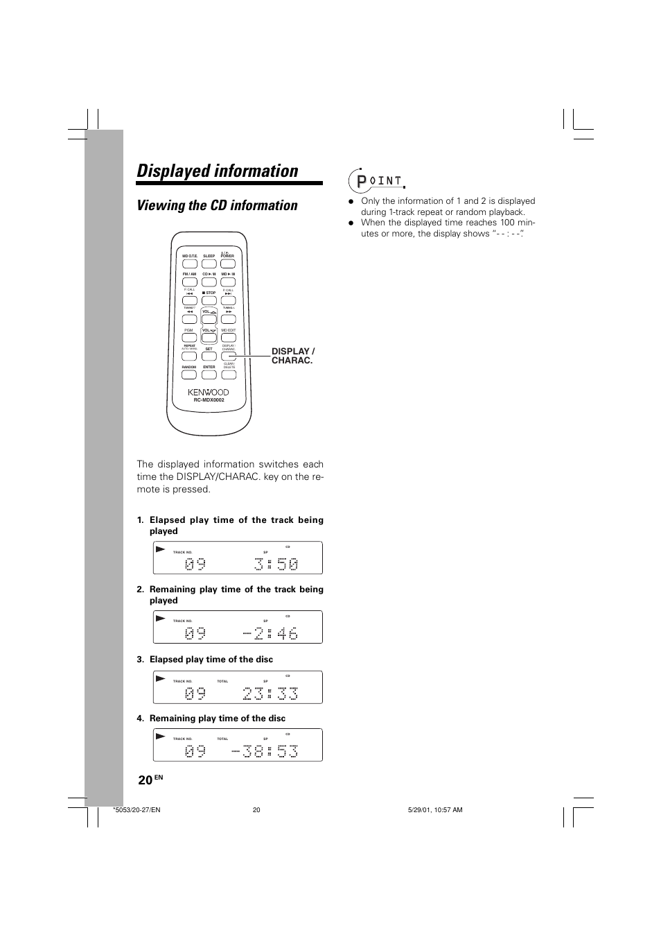 Displayed information, Viewing the cd information, Display / charac | Kenwood MDX-G1 User Manual | Page 20 / 64