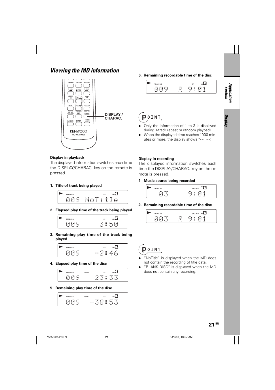 Viewing the md information, Display, Display in recording | Display / charac | Kenwood MDX-G1 User Manual | Page 21 / 64