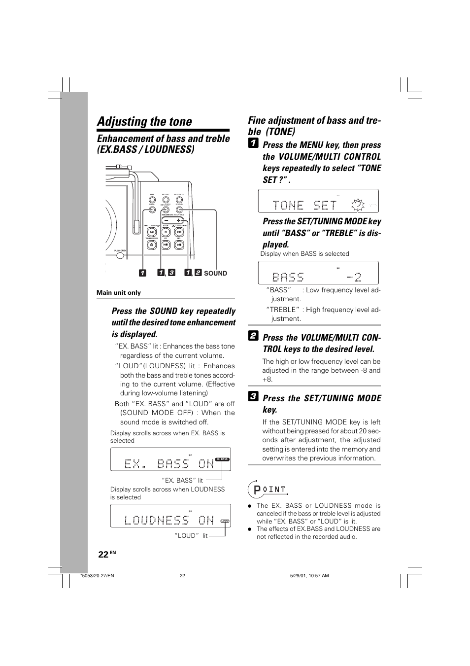 Adjusting the tone, Enhancement of bass and treble(ex.bass / loudness), Fine adjustment of bass and treble(tone) | Fine adjustment of bass and tre- ble (tone), Press the set/tuning mode key, Sound | Kenwood MDX-G1 User Manual | Page 22 / 64