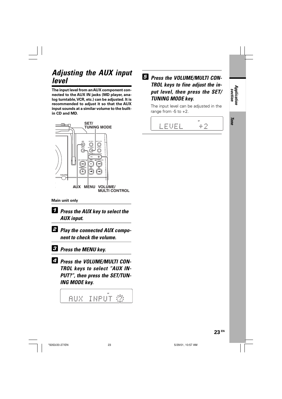 Adjusting the aux input level, Press the aux key to select the aux input, Press the menu key | Kenwood MDX-G1 User Manual | Page 23 / 64