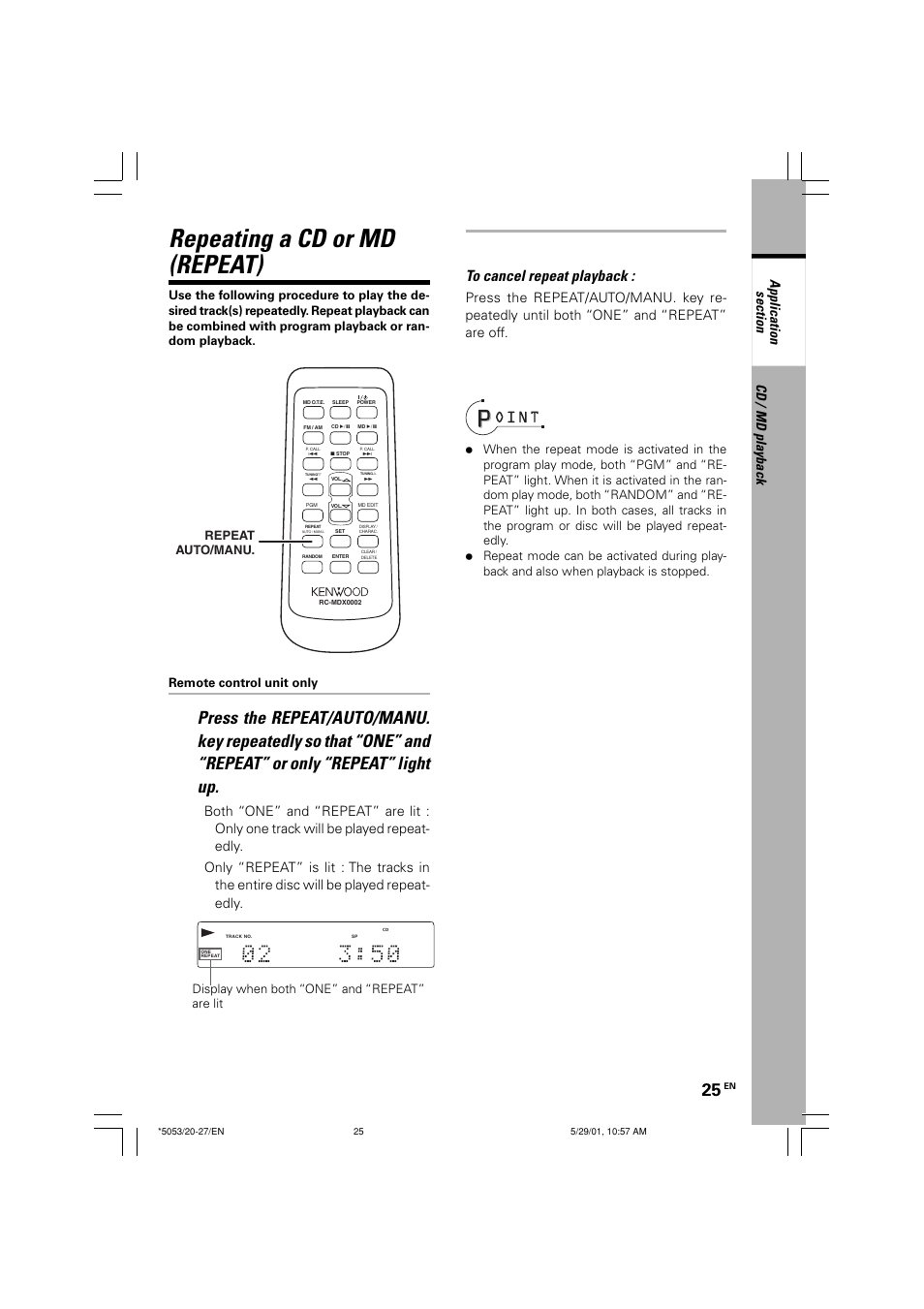 Repeating a cd or md(repeat), Repeating a cd or md (repeat), Repeat auto/manu | Kenwood MDX-G1 User Manual | Page 25 / 64