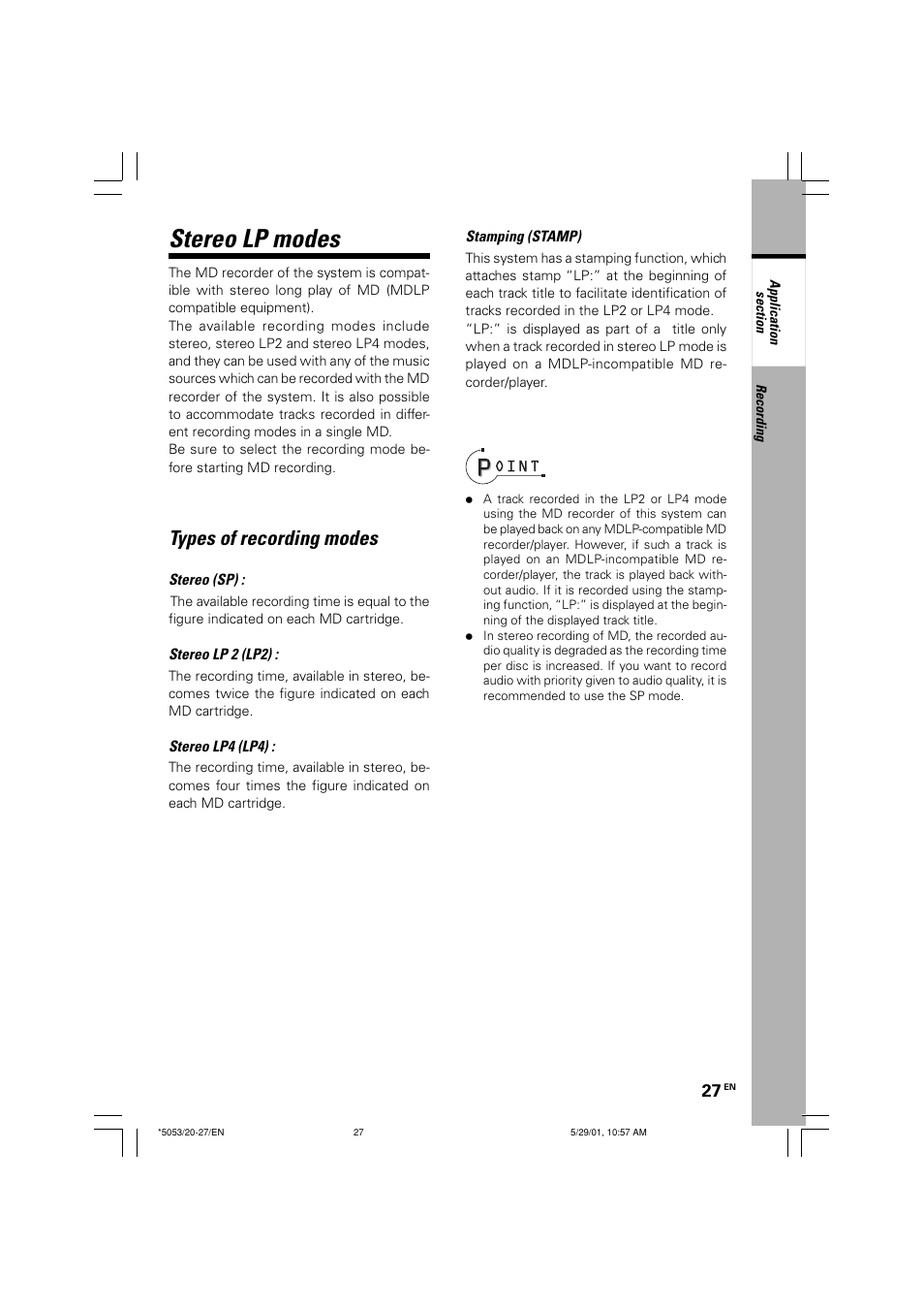 Stereo lp modes, Types of recording modes | Kenwood MDX-G1 User Manual | Page 27 / 64