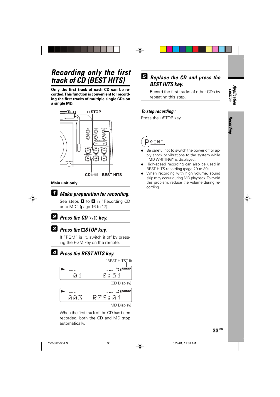 Recording only the first track of cd(best hits), Recording only the first track of cd (best hits), Make preparation for recording | Press the cd ^ key, Press the & stop key, Press the best hits key, Replace the cd and press the best hits key, Recording, Press the &stop key | Kenwood MDX-G1 User Manual | Page 33 / 64